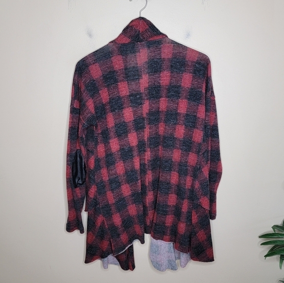 Dotty | Womens Red Black Plaid Cascade Tiered Open Front Cardigan Small - Picture 6 of 7